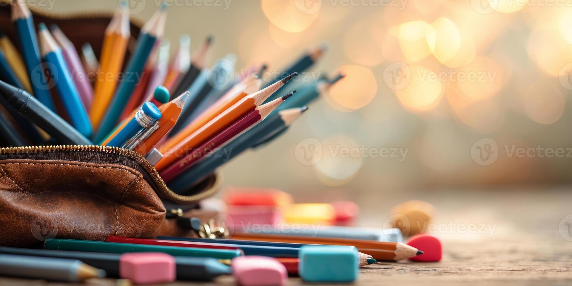 Colorful assortment of pencils and erasers in a leather case on a wooden table with blurred background photo