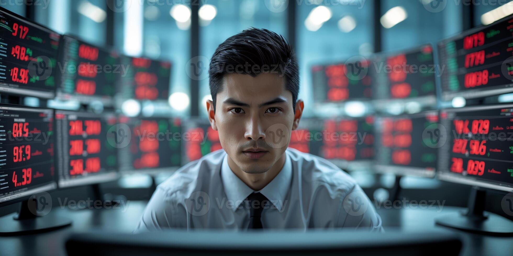 Young man focused on stock market analysis surrounded by multiple screens displaying financial data in a trading room setting photo