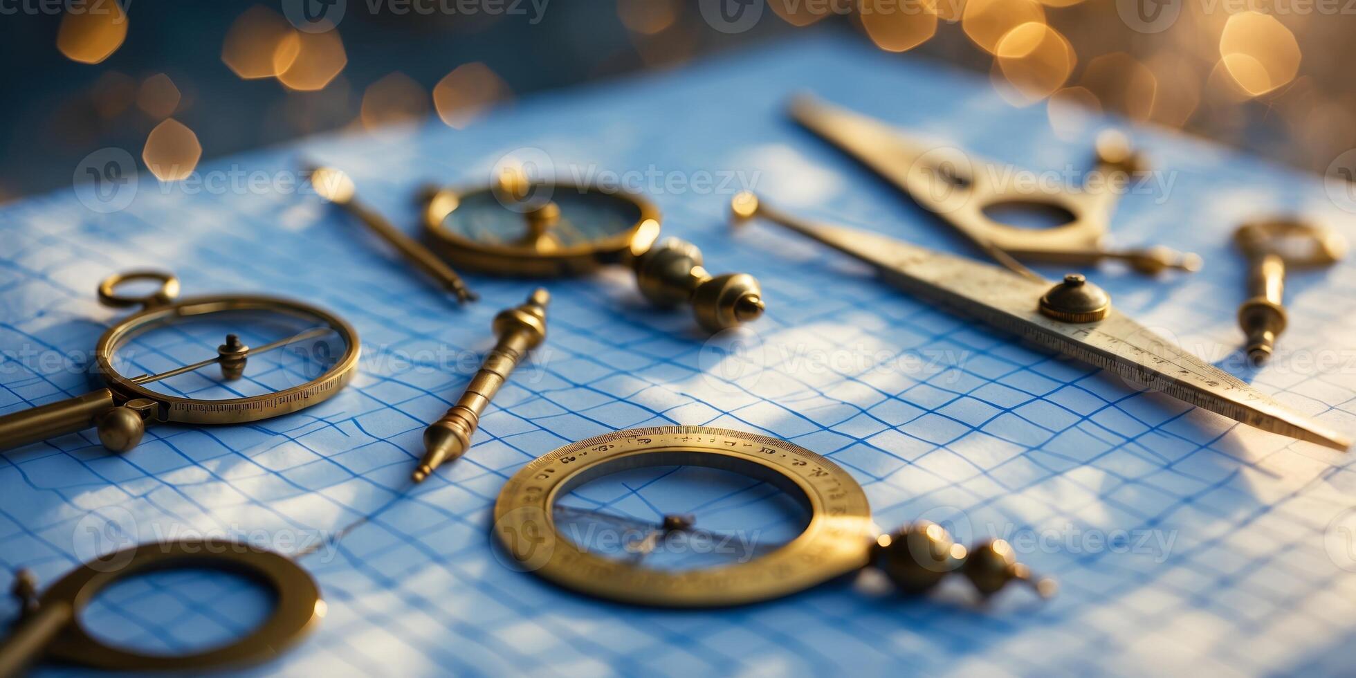 Collection of vintage drafting tools arranged on a blue grid paper with a warm bokeh background during a sunny afternoon photo