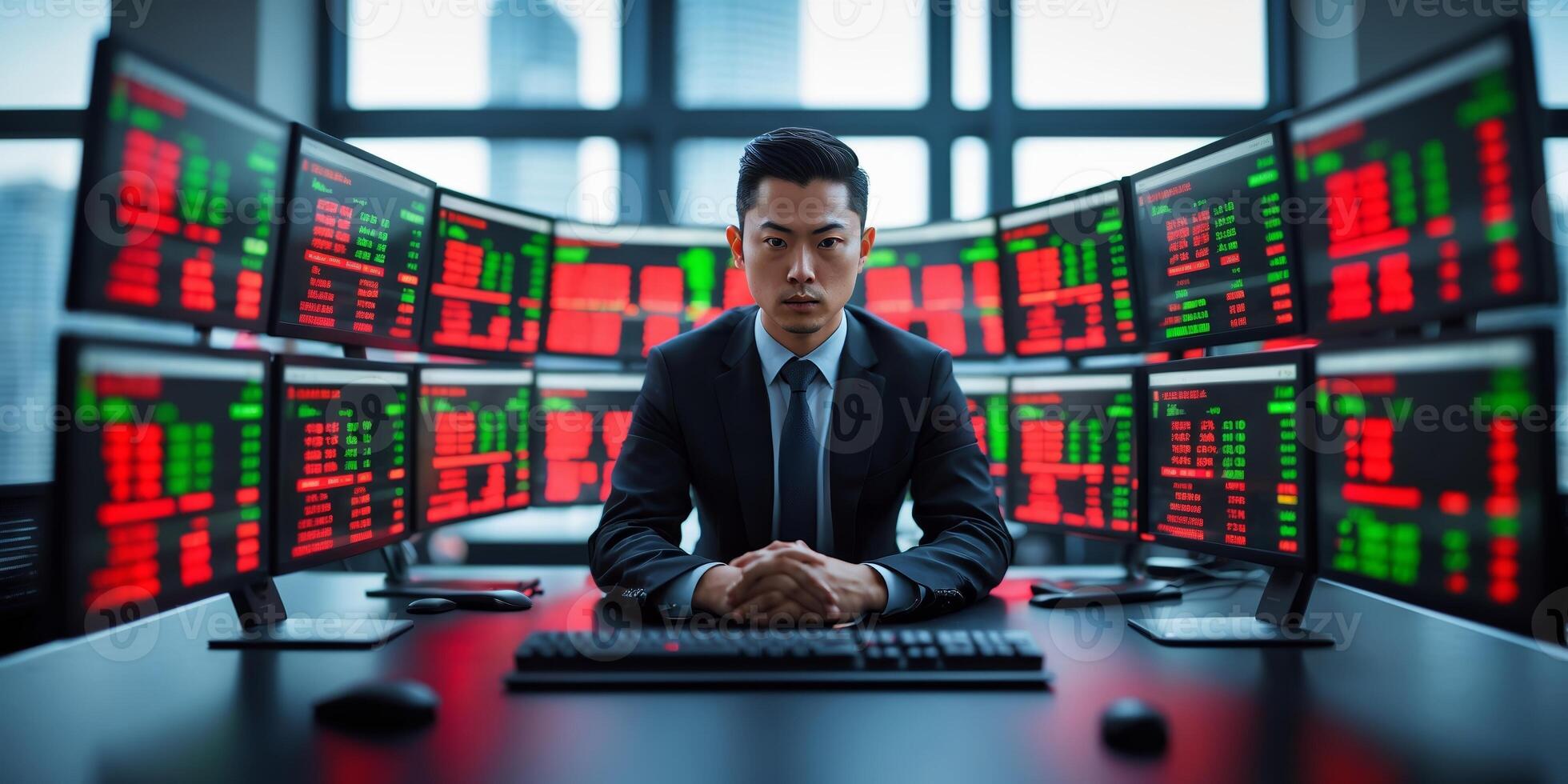 Professional trader focused on market analysis in a modern financial office with multiple screens displaying stock data photo