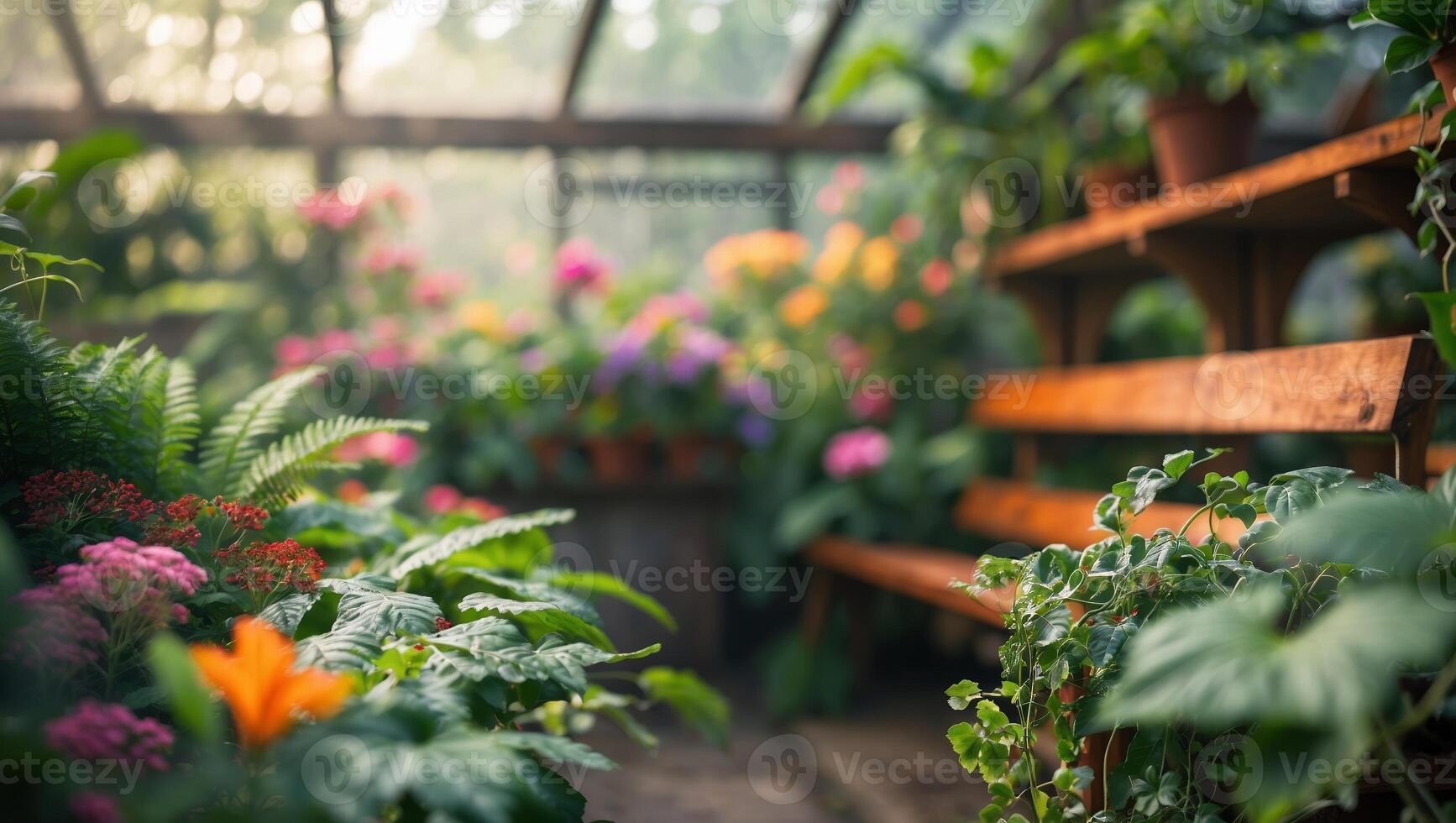 Lush greenhouse filled with colorful flowers and plants in serene morning light photo