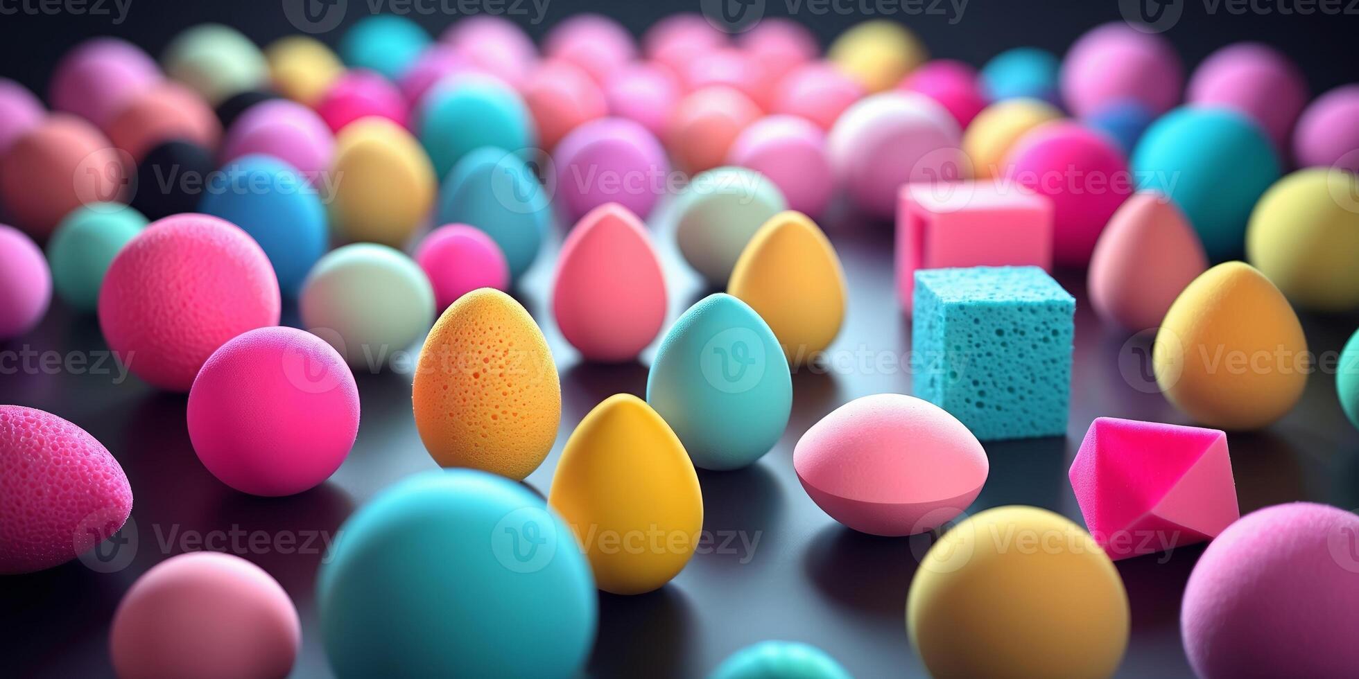 Colorful collection of decorative eggs and shapes displayed on a dark surface photo