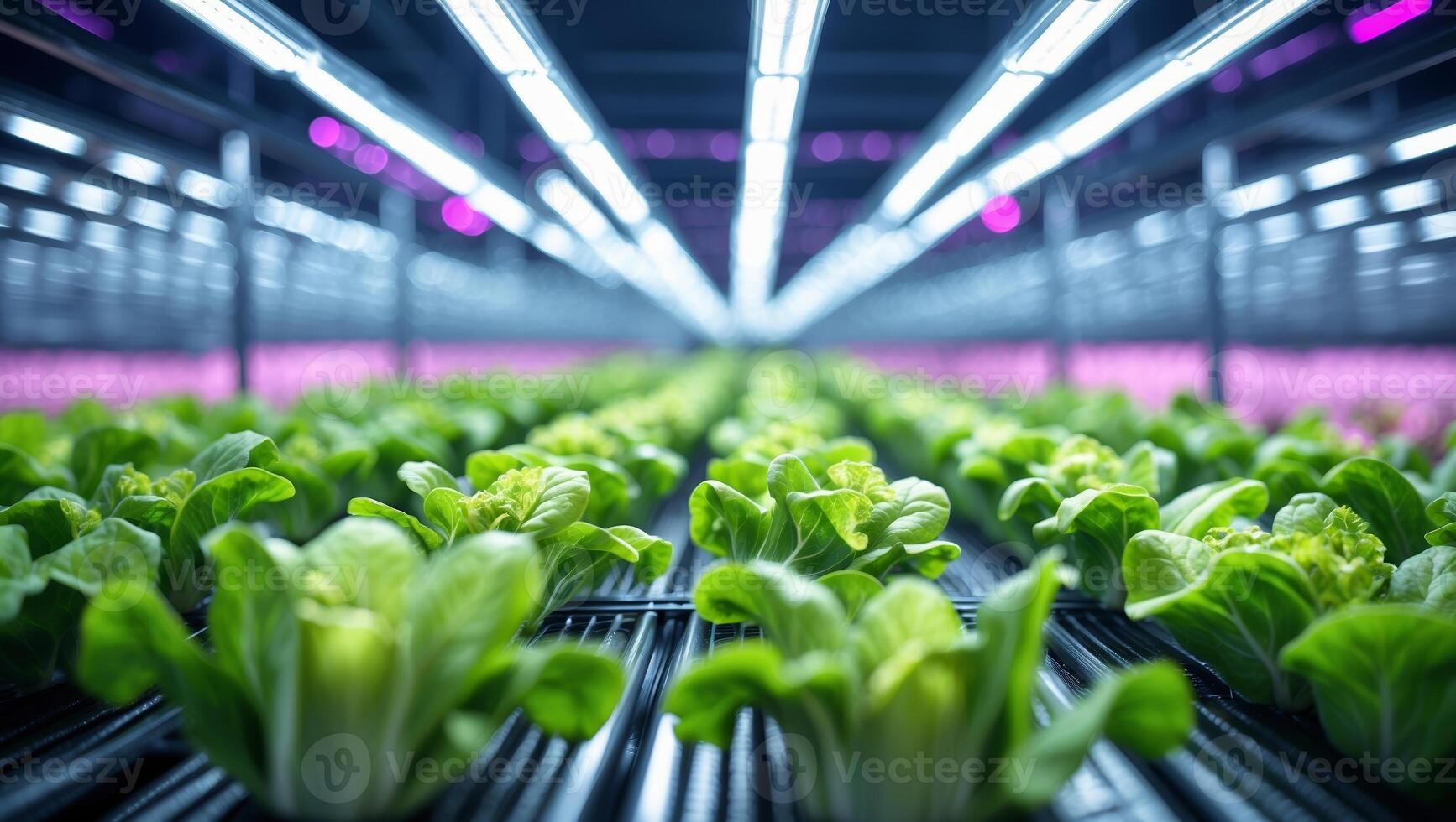 Fresh lettuce growing in a modern indoor vertical farm with LED lighting during evening hours photo
