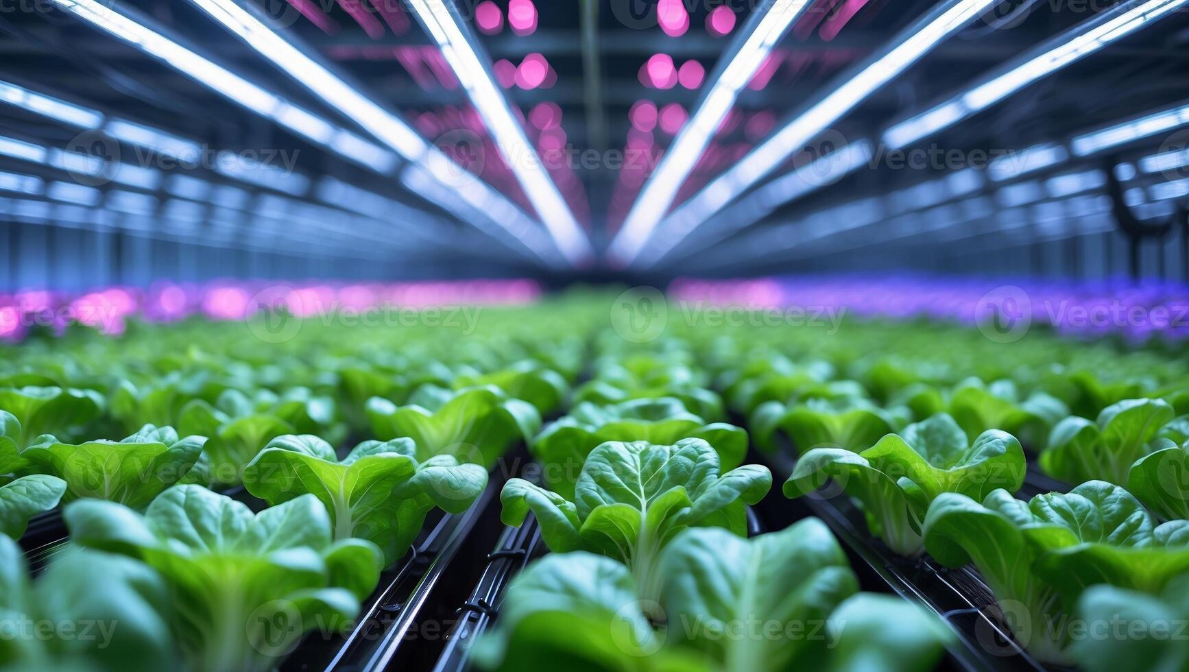 Indoor hydroponic farm with vibrant vegetable rows under artificial lights photo