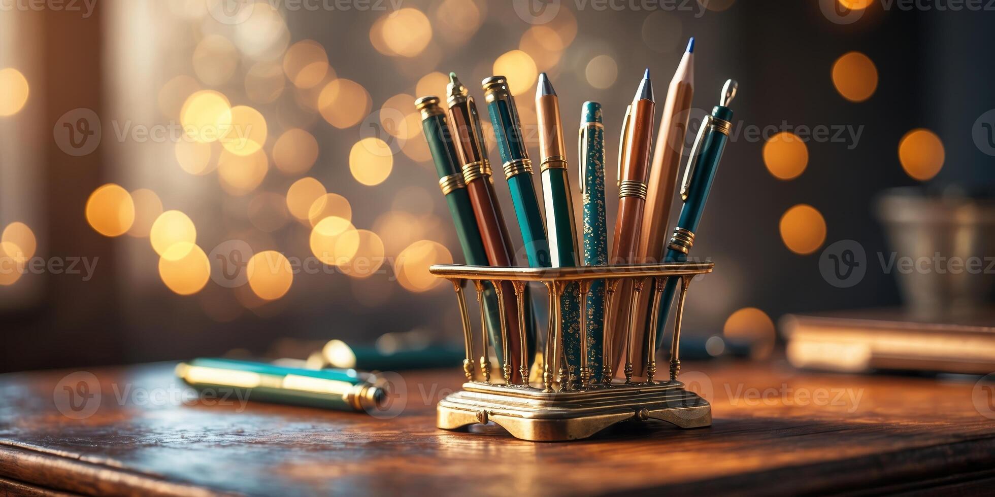 Elegant writing instruments in a decorative holder on a wooden desk with soft bokeh lighting at twilight photo
