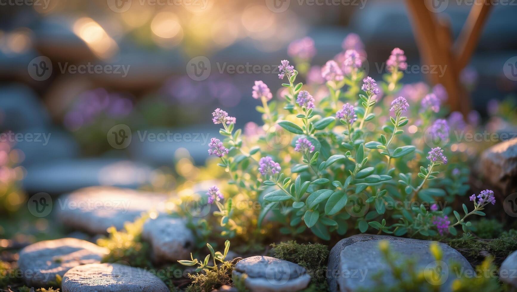 Beautiful purple flowers blooming among smooth stones in a tranquil garden setting during golden hour light photo