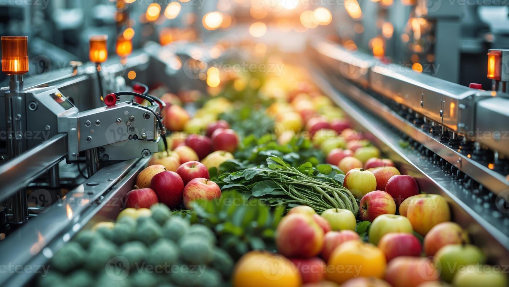Fresh produce being sorted on a conveyor belt in a modern warehouse during golden hour photo