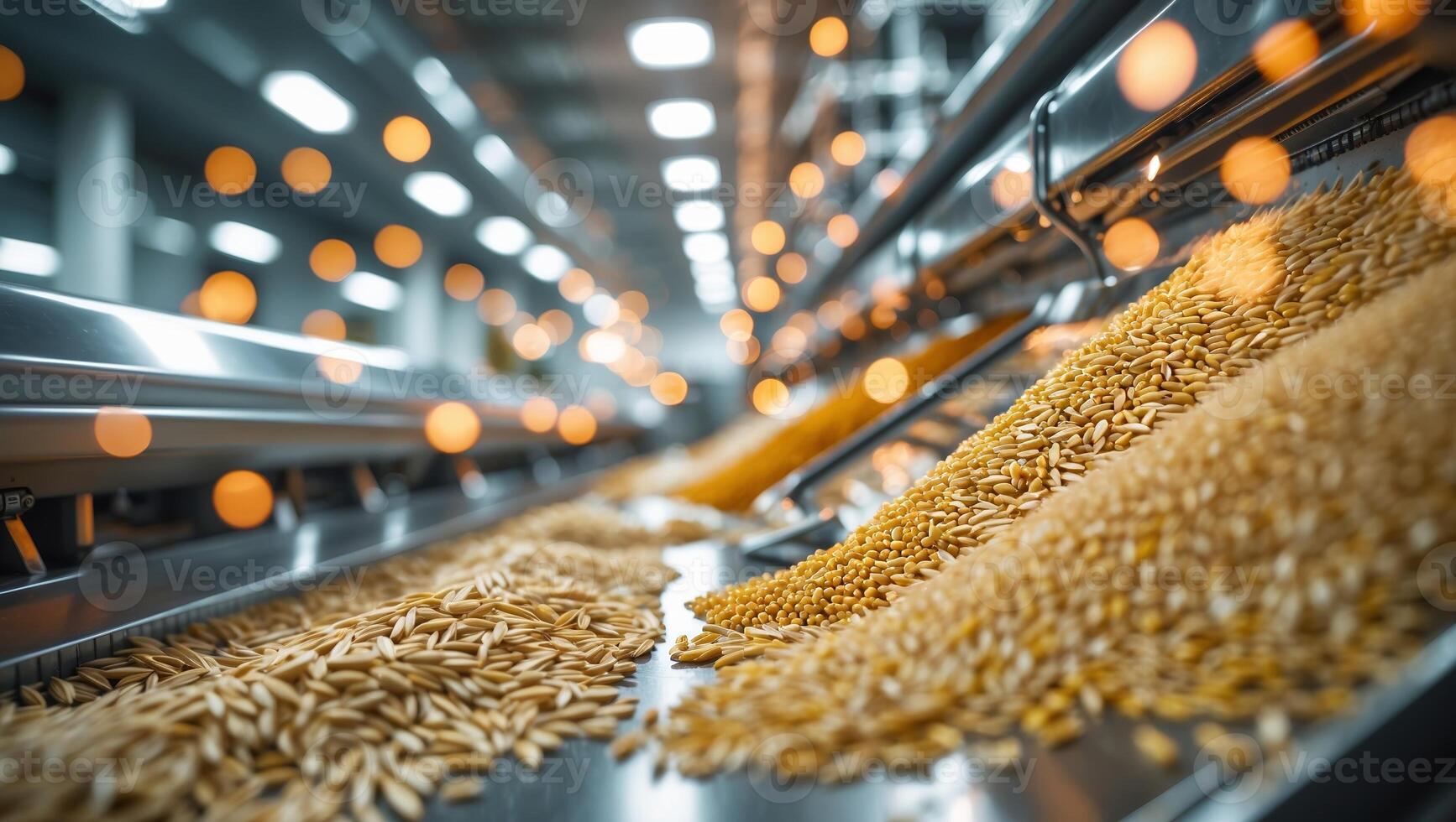 Grains being processed in a modern facility with bright lights and a clean environment photo