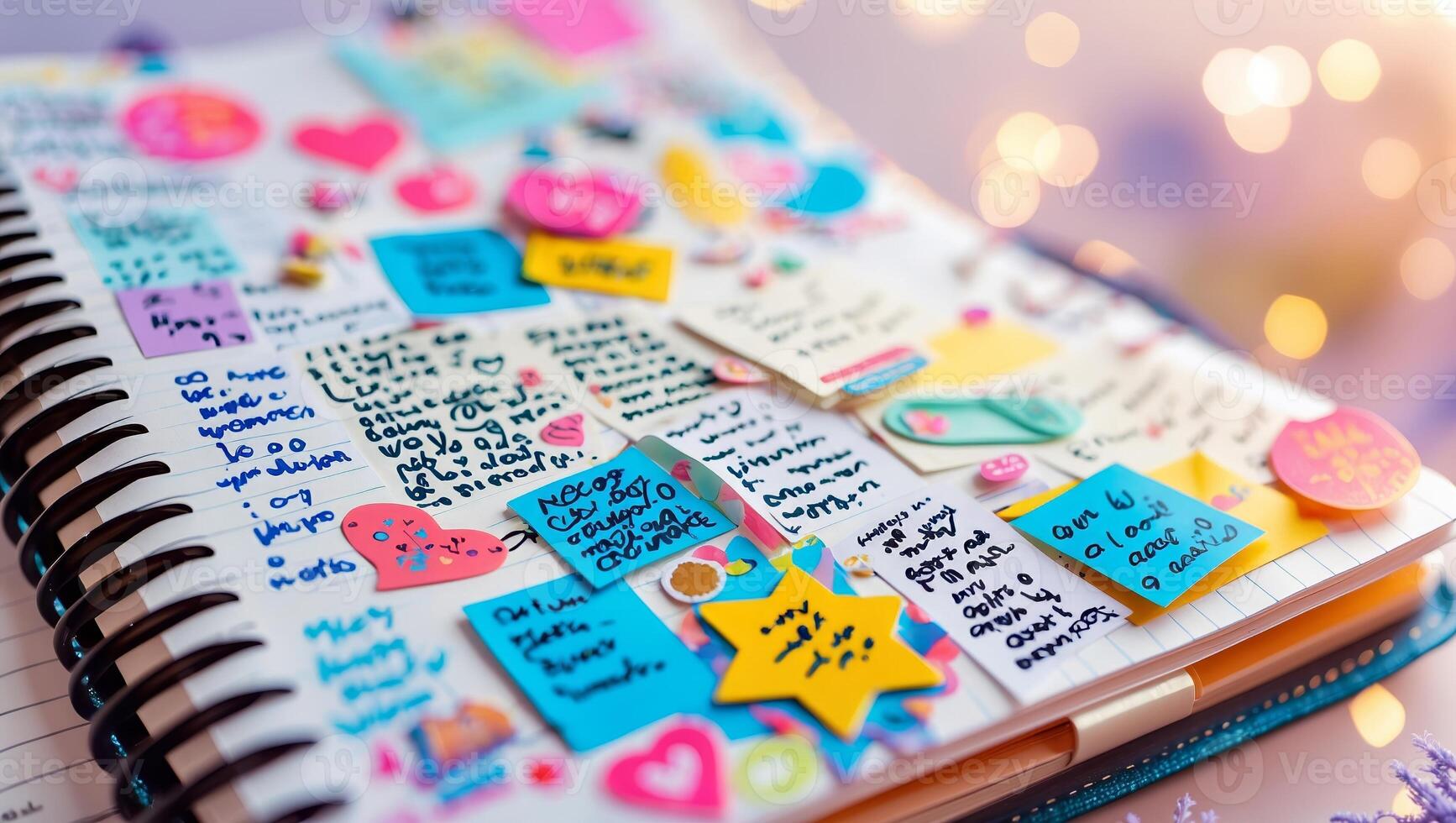 Creative journal filled with colorful notes and decorations in cozy indoor setting during evening hours photo