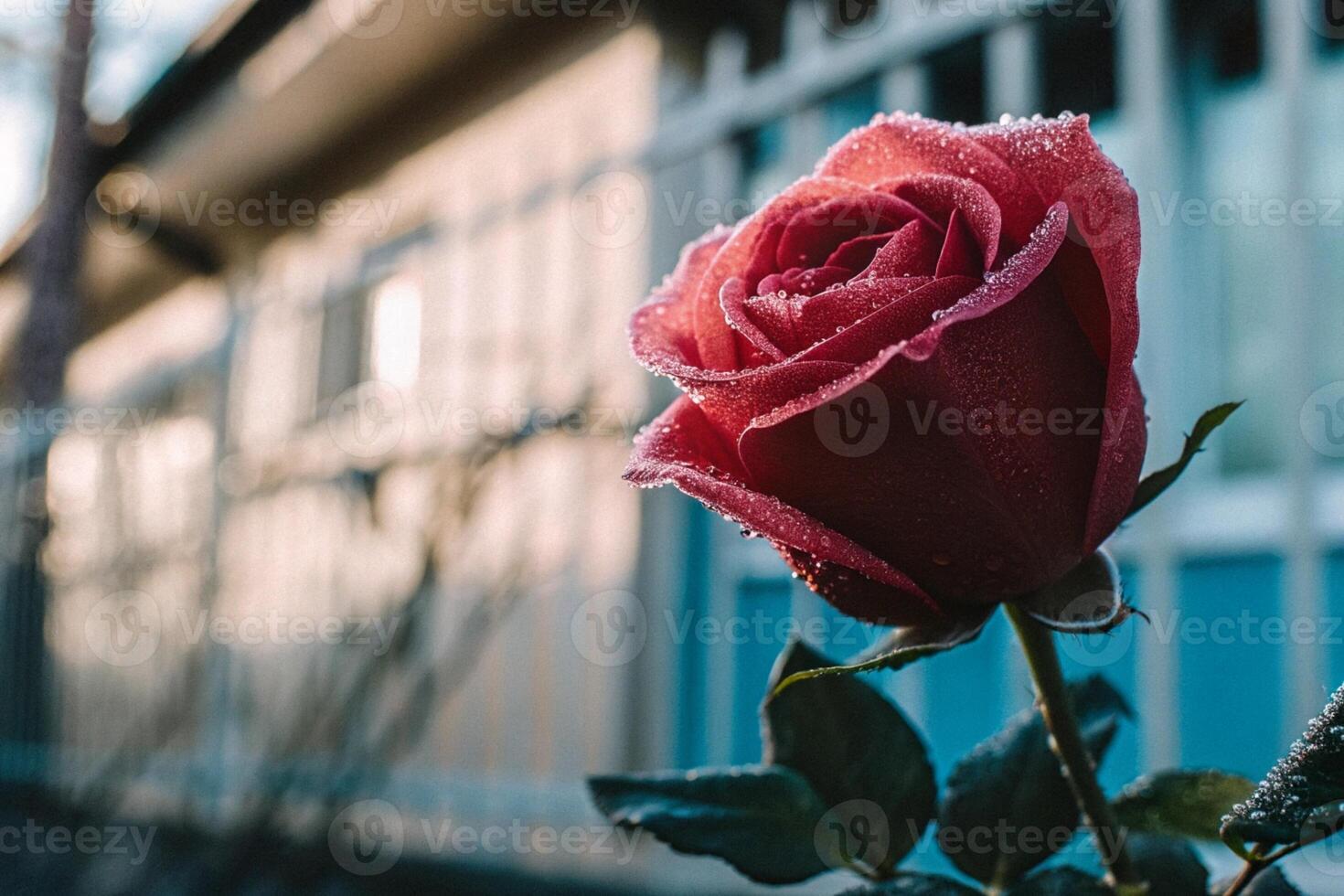 a rose is in front of a fence photo