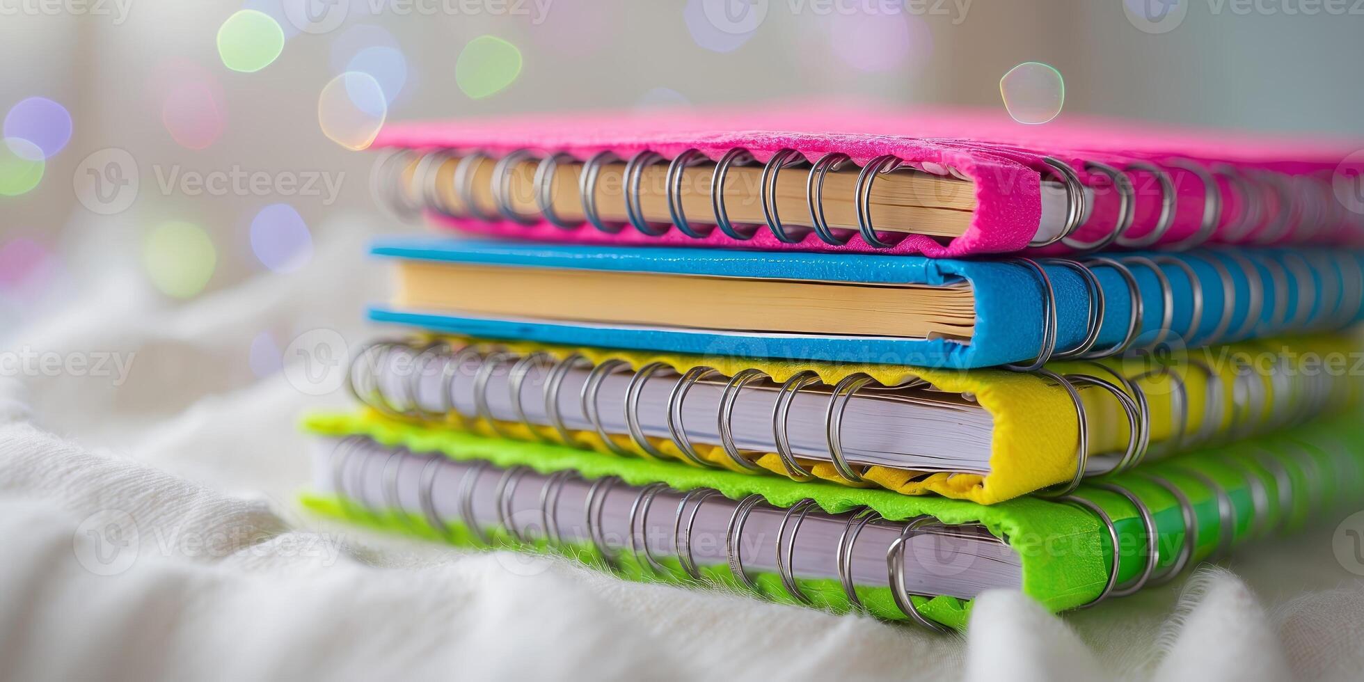 Colorful spiral notebooks stacked on a soft surface creating a vibrant stationery display photo