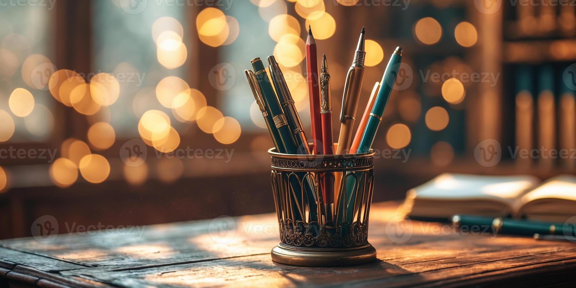 Elegant collection of pens in a decorative holder illuminated by warm bokeh lights in a cozy study photo