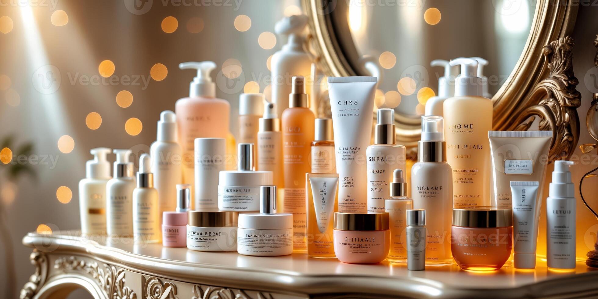Elegant display of skincare products arranged on a vintage vanity with soft lighting and bokeh background photo
