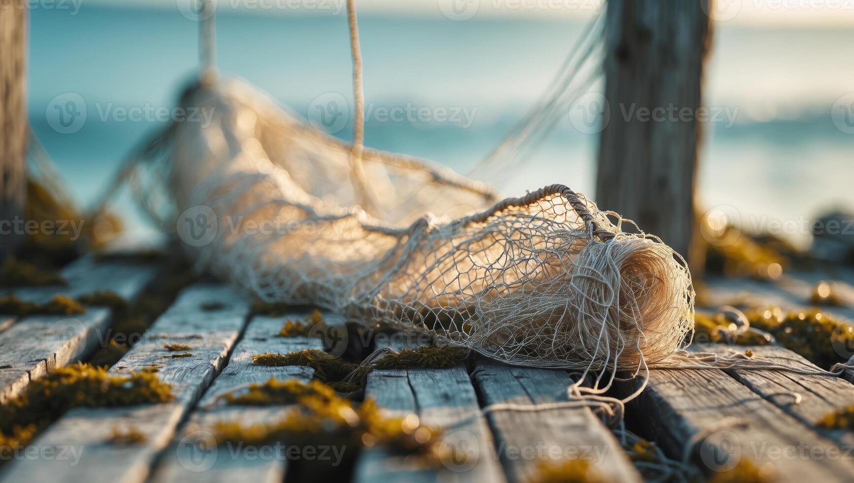 Fishing net resting on weathered wooden dock beside tranquil ocean at sunset photo