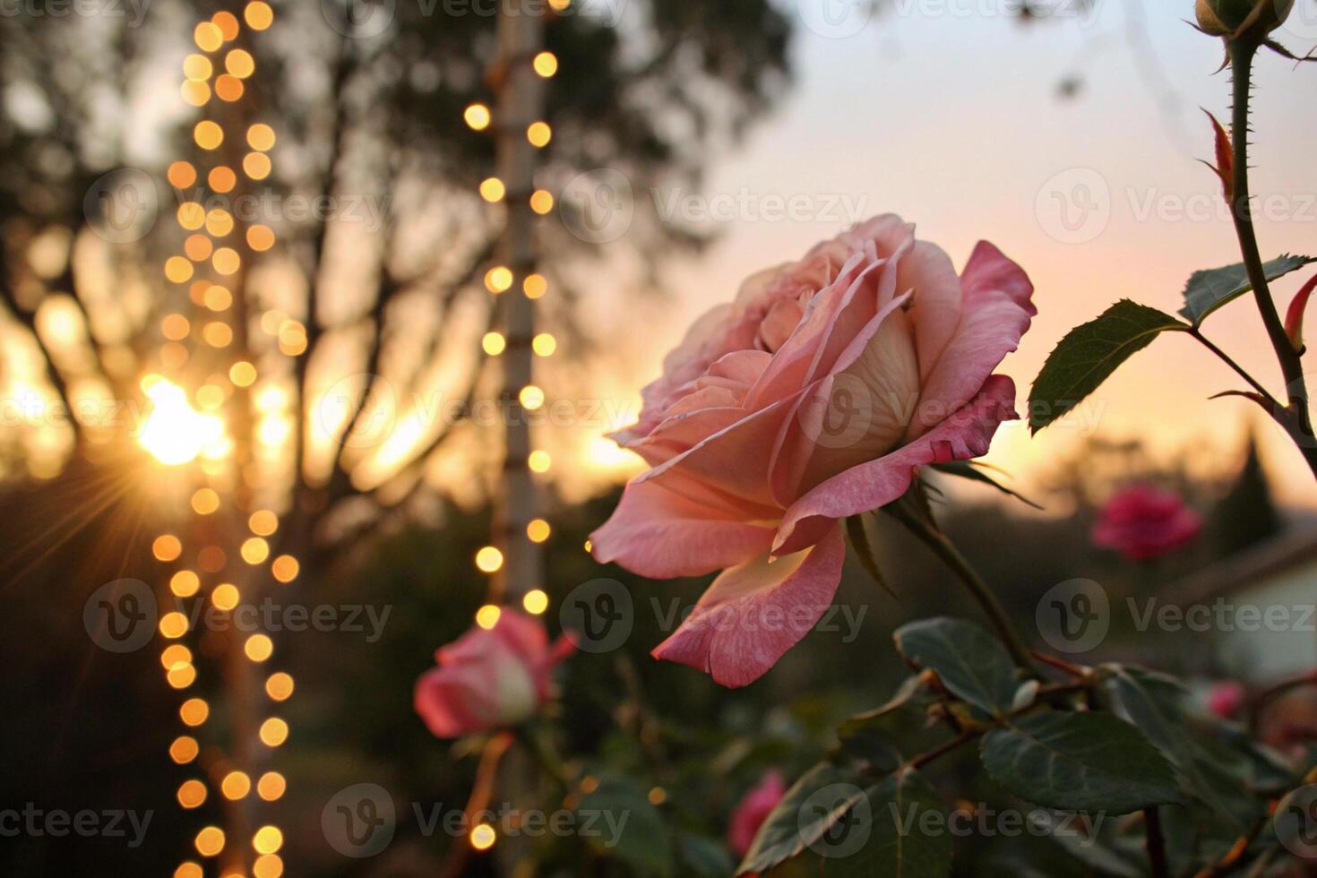 a rose is in front of string of lights photo