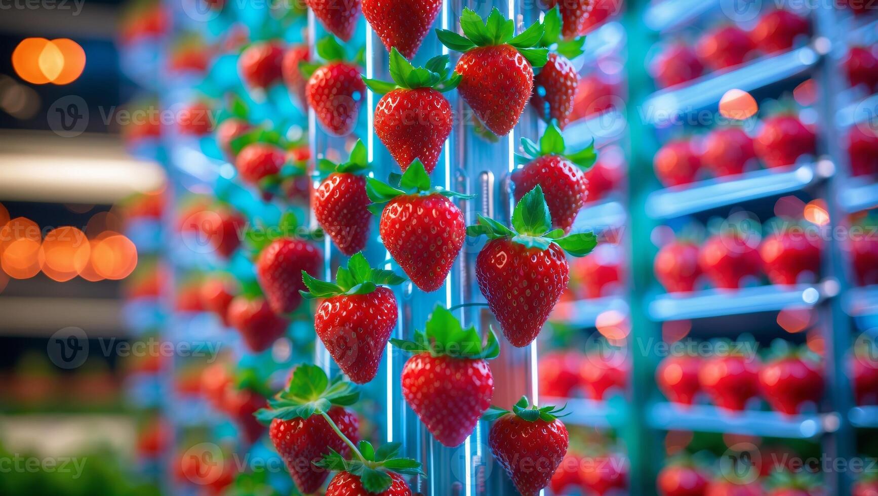 Freshly harvested strawberries growing in a vertical farm during daylight in an urban setting photo