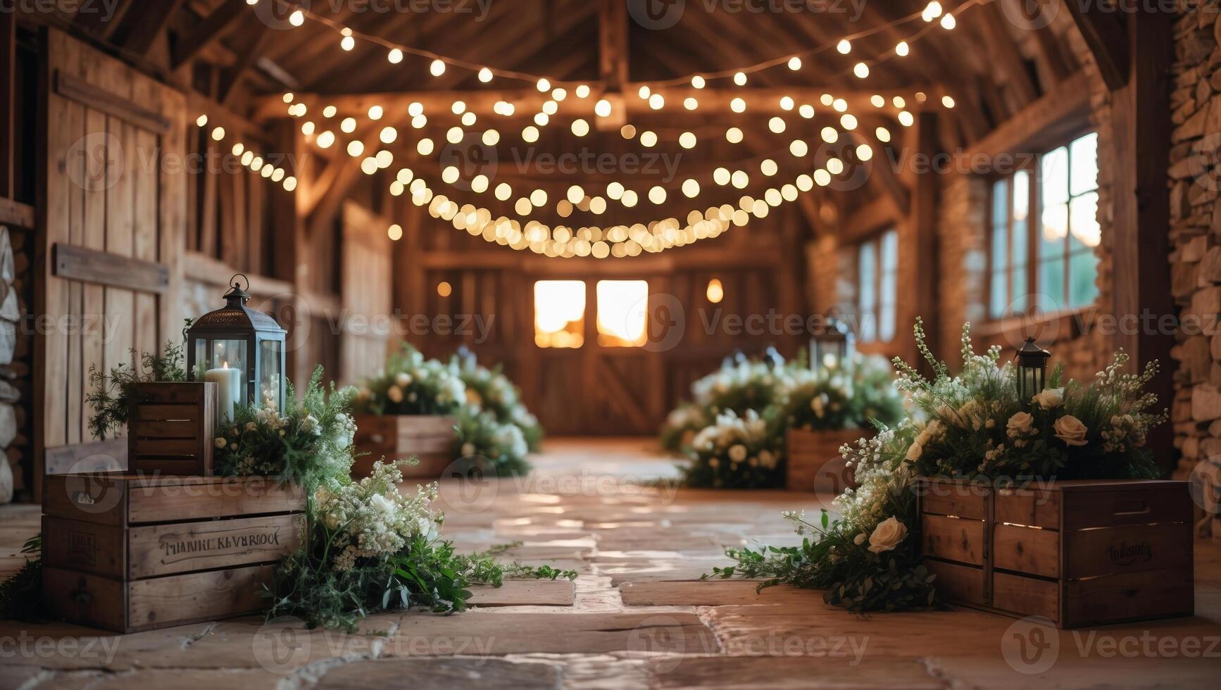 Elegant rustic venue decorated with string lights and floral arrangements for a special event in the evening photo