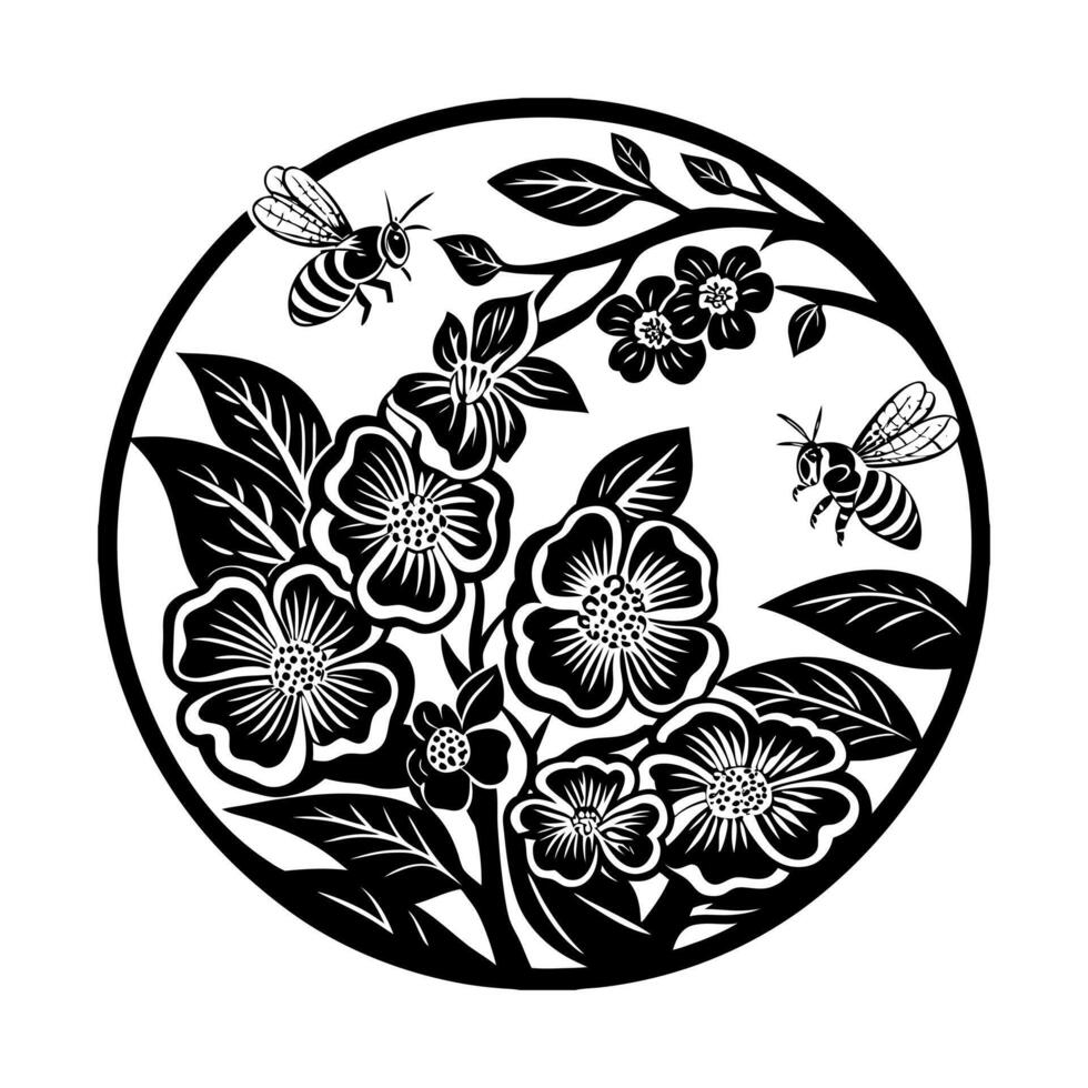 Swarming Bees Around Flowers vector