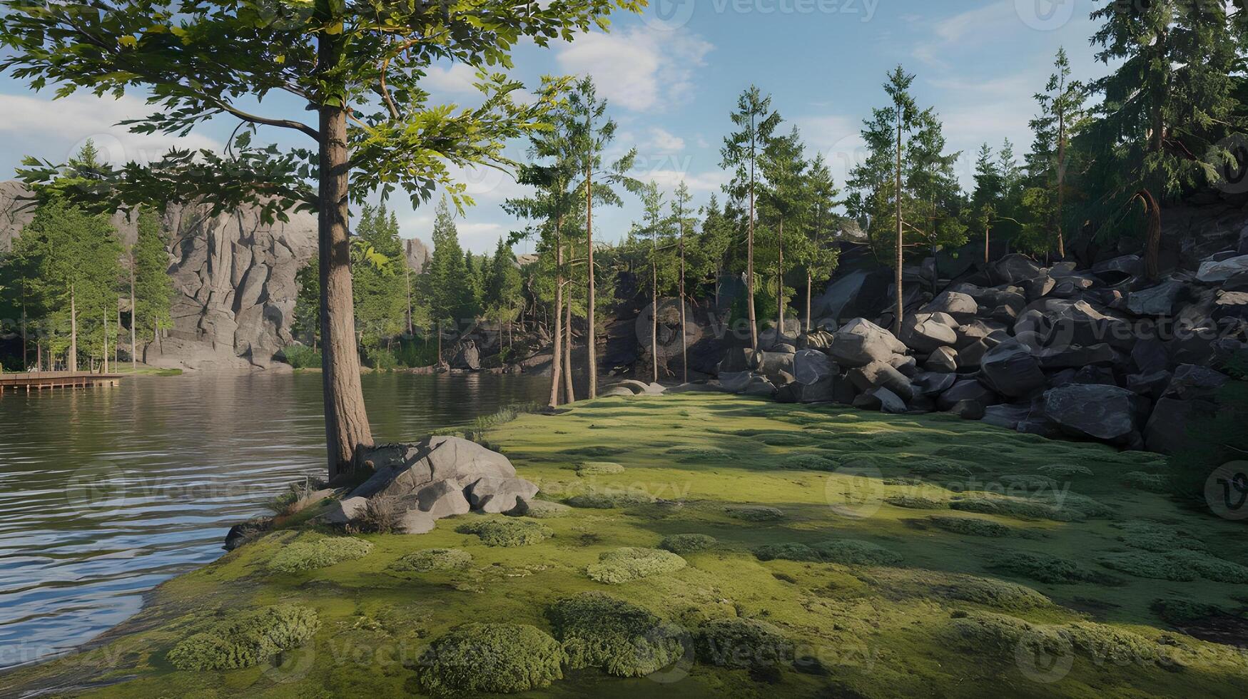 A stunning lakeside view with towering trees and rugged rocks creates a peaceful nature scene. photo