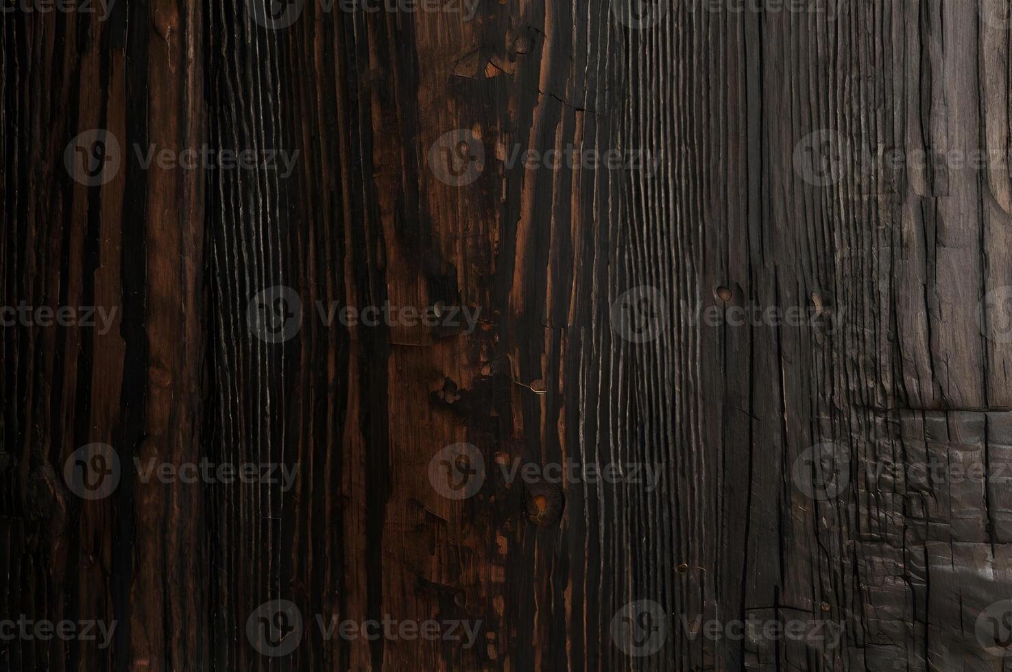 Richly textured wooden surface featuring deep grooves and knots, highlighting the beauty of natural wood. The dark finish enhances the intricate grain patterns. photo