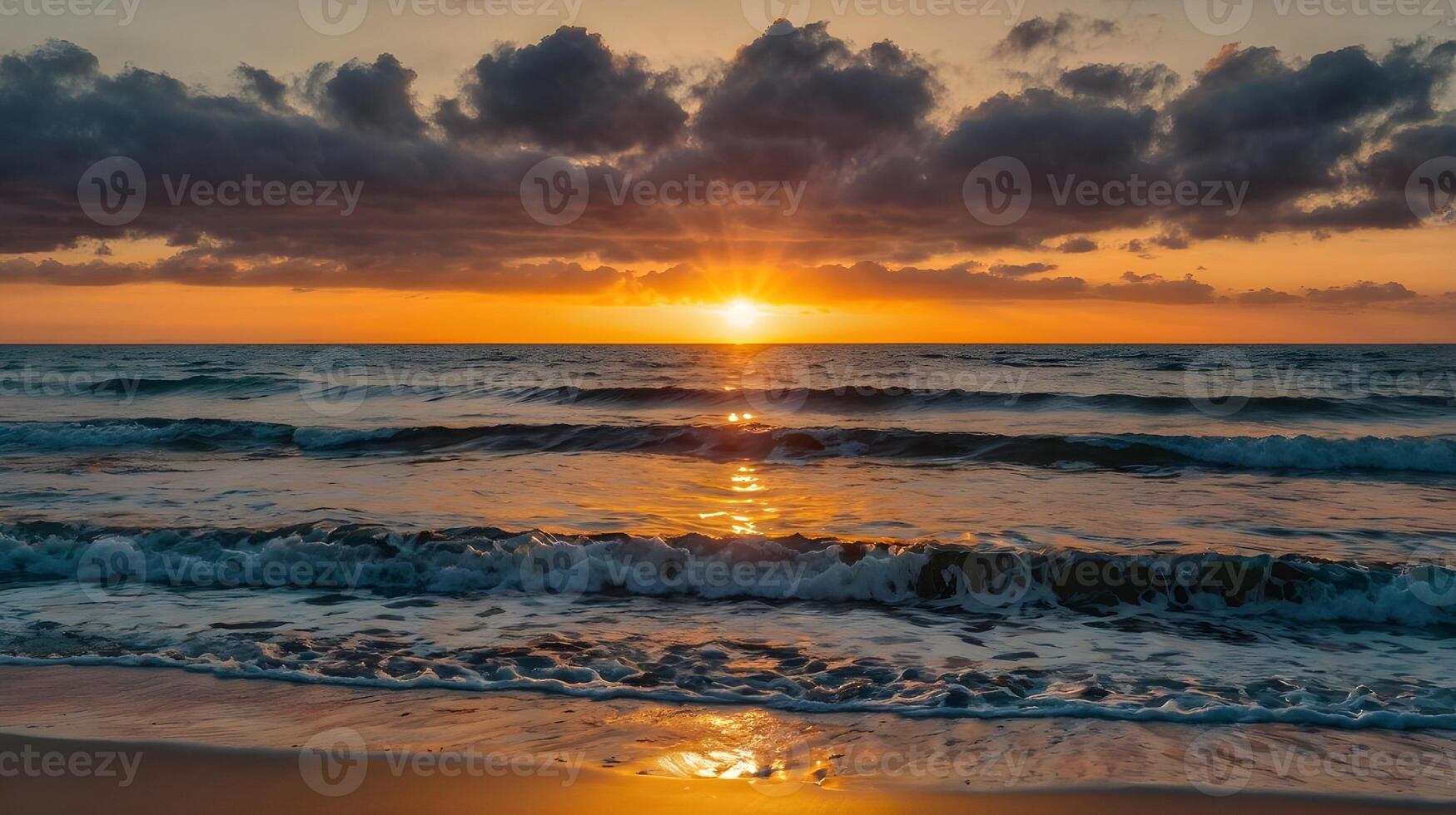 Golden sunset bathes the tranquil ocean waves and beach in warm light at dusk. photo