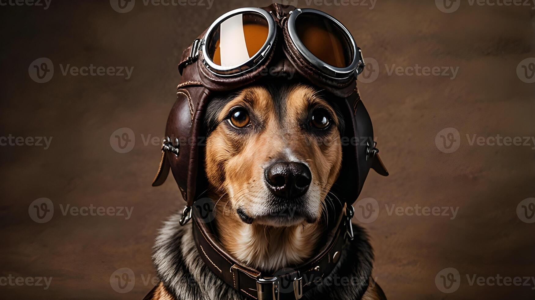 A serious dog is ready for take off, wearing vintage aviator goggles and leather hat. photo