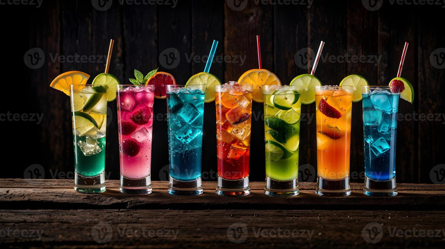 An array of colorful and refreshing cocktails with fruit garnishes, perfect for a summertime celebration. photo