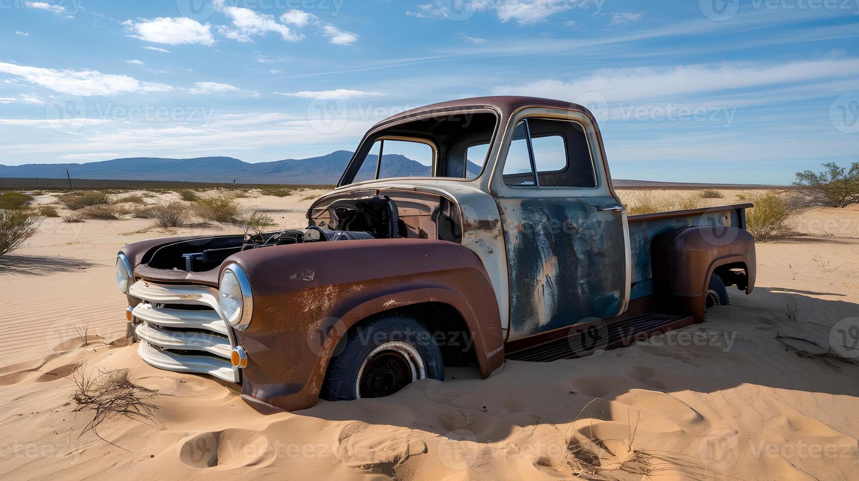 An old, rusty pickup truck sits marooned in the sandy dunes of the desolate desert landscape. photo