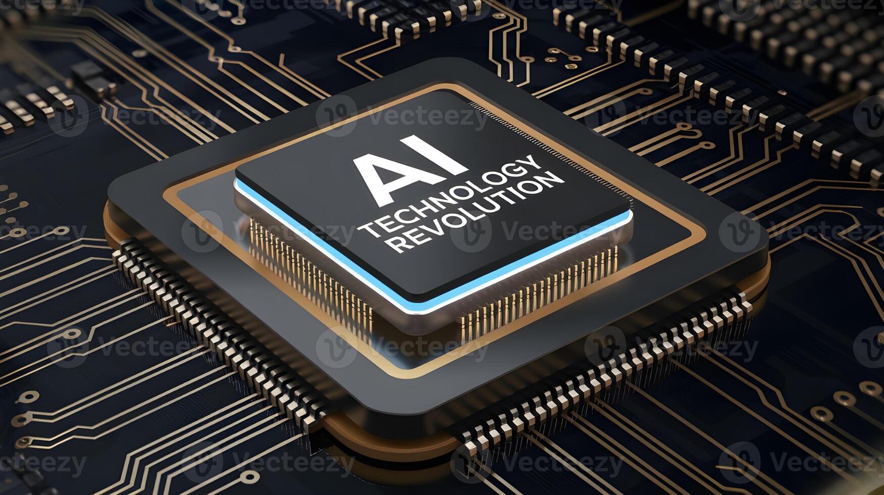 A close-up of an AI chip on a circuit board represents the technology revolution of computing. photo