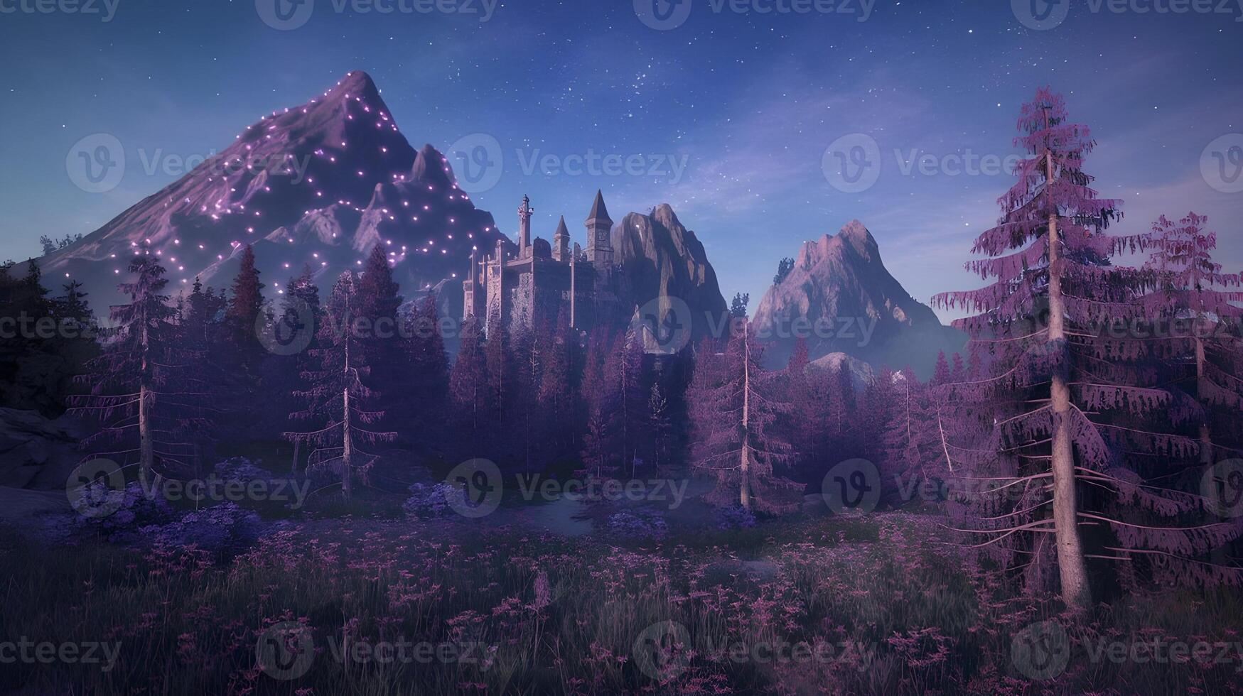 A magical castle nestled among mountains with illuminated peaks and a mystical purple forest under the stars. photo