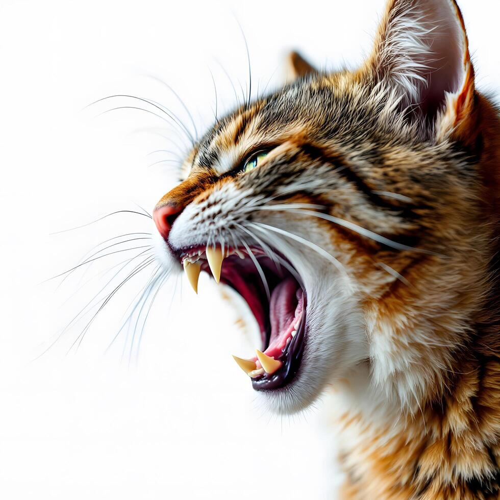 Close-up of a cat with bared teeth, expressing aggression. photo