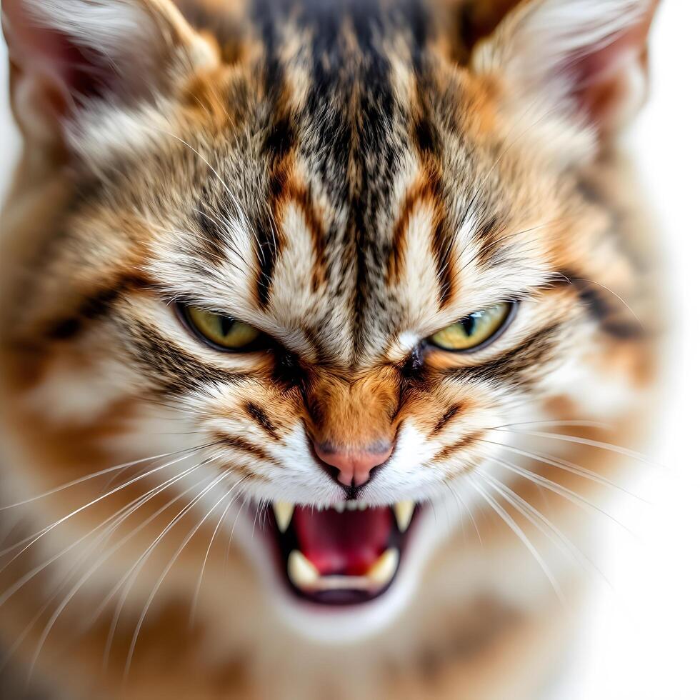 Close-up of a ferocious cat with bared teeth. photo