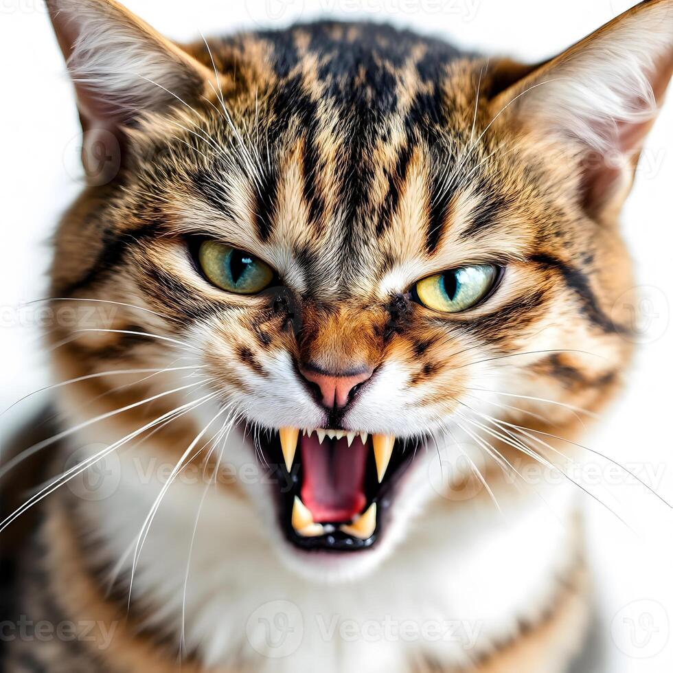 Angry Tabby Cat Showing Fangs Close-up photo