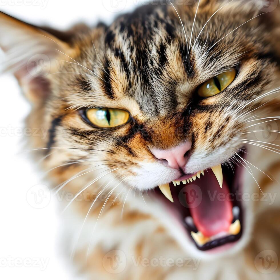 Ferocious Tabby Cat with Open Jaw, Close-up photo