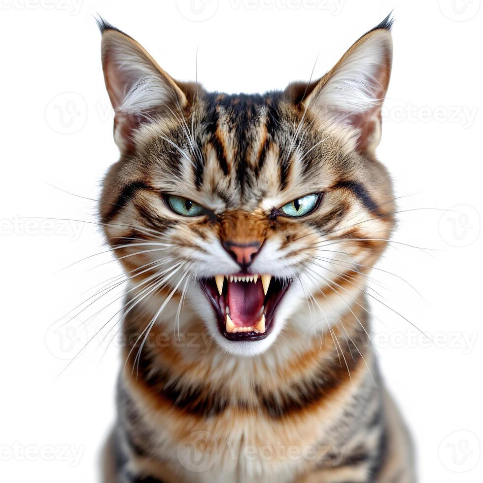 Close-up of a Ferocious Tabby Cat with Open Jaws photo