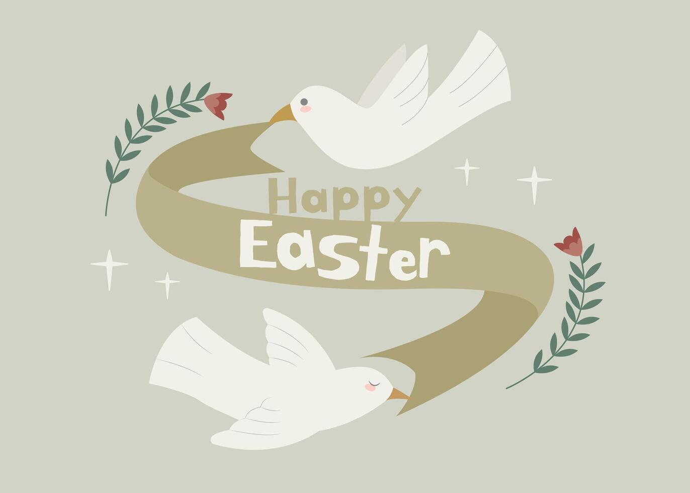 Happy Easter background. Easter Design Element with cute white dove. Hand drawn cute dove or pigeons, eggs, flowers. vector