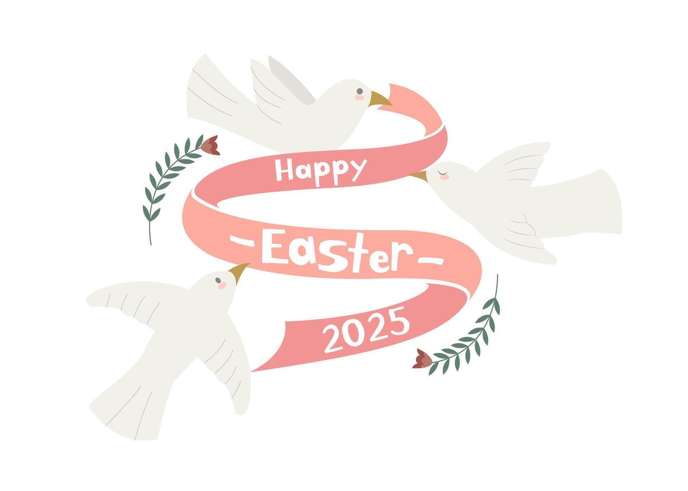 Happy Easter background. Easter Design Element with three cute white doves. Hand drawn cute dove or pigeons, eggs, flowers. vector