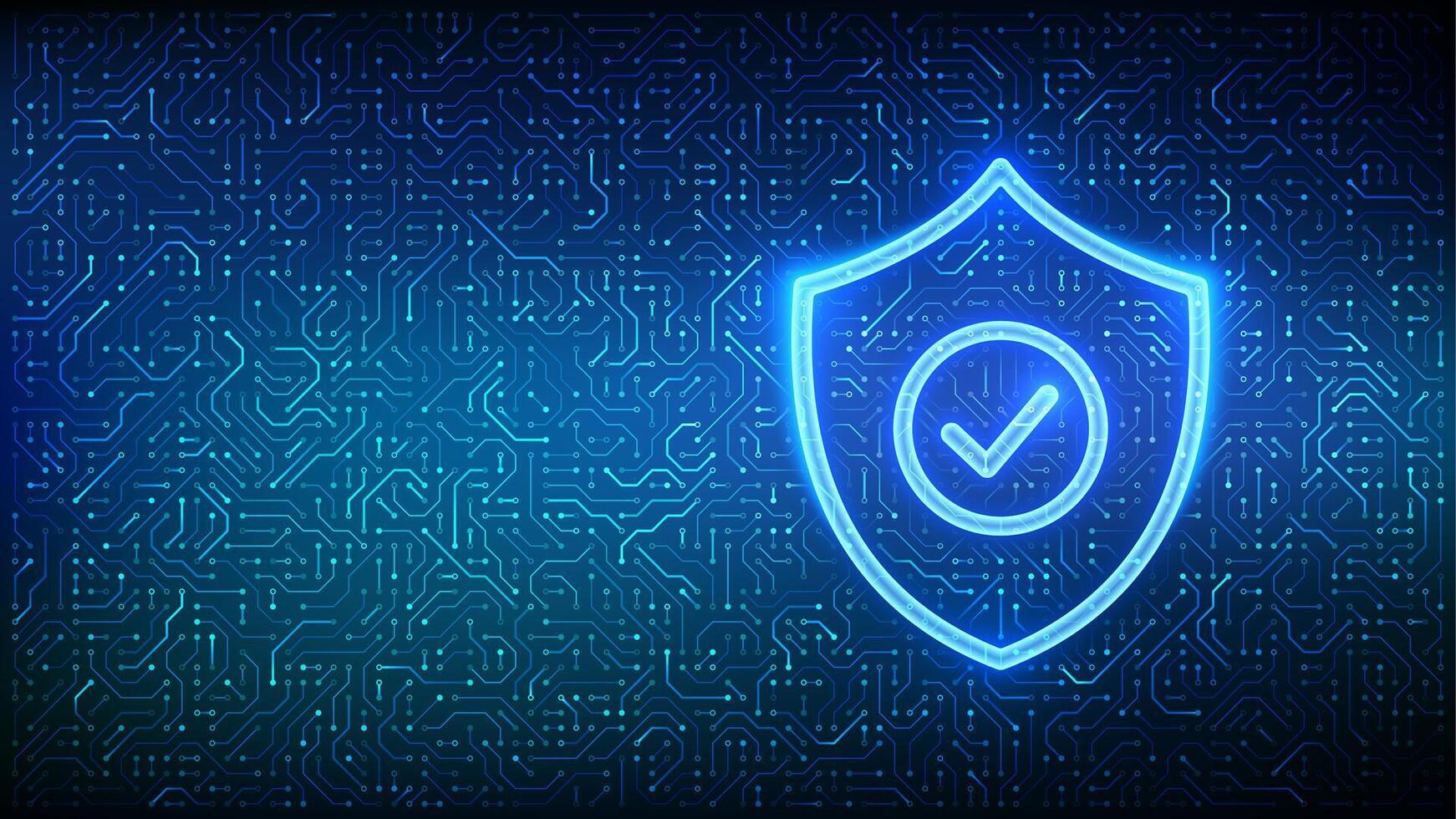 Security shield. Cyber security. Protection shield with Check mark icon. Cyber data protection. Information privacy idea. Circuit board pattern. PCB printed circuit texture. illustration. vector