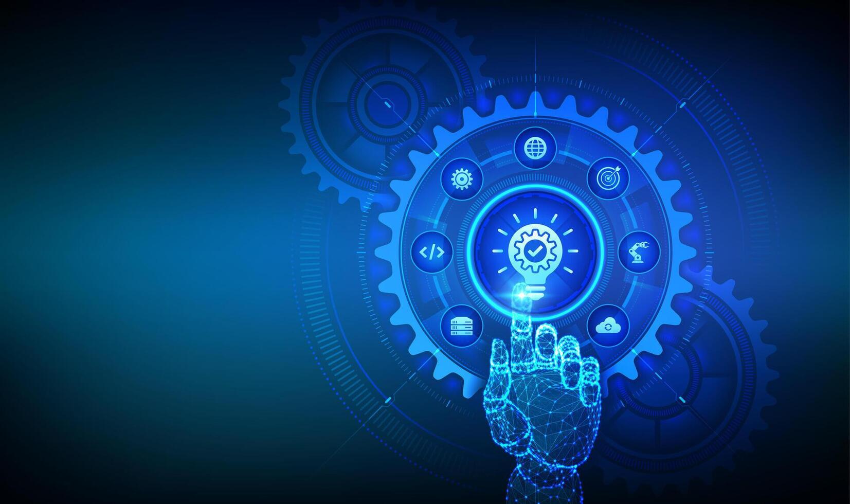 Innovation. Business innovative idea and solution technology concept. Creative Idea. Brainstorming. Creative Thinking. Hand touching digital interface with connected gears cogs and icons. vector