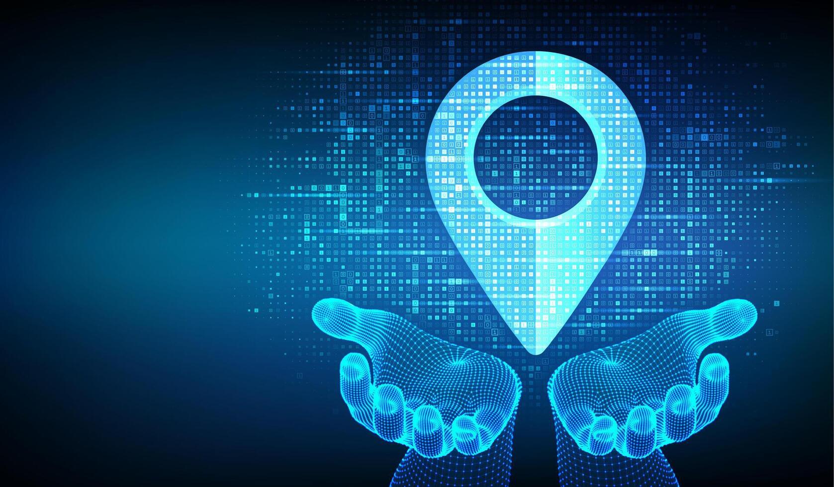 Point of location icon made with binary code in wireframe hands. Pointer of map. Gps pointer. Navigation pin point global position system symbol. Digital background with digits 1 0 Illustration vector