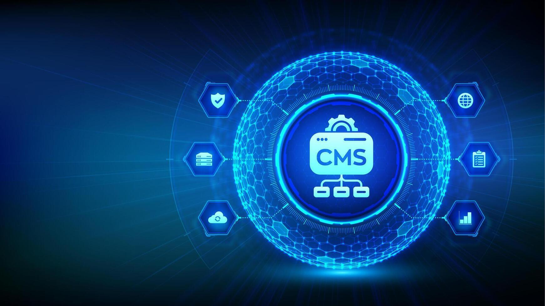 CMS. Content Management System concept. Website and document management, web development, and digital solutions. Data integration. 3D sphere with a hexagonal surface and CMS icon. illustration. vector