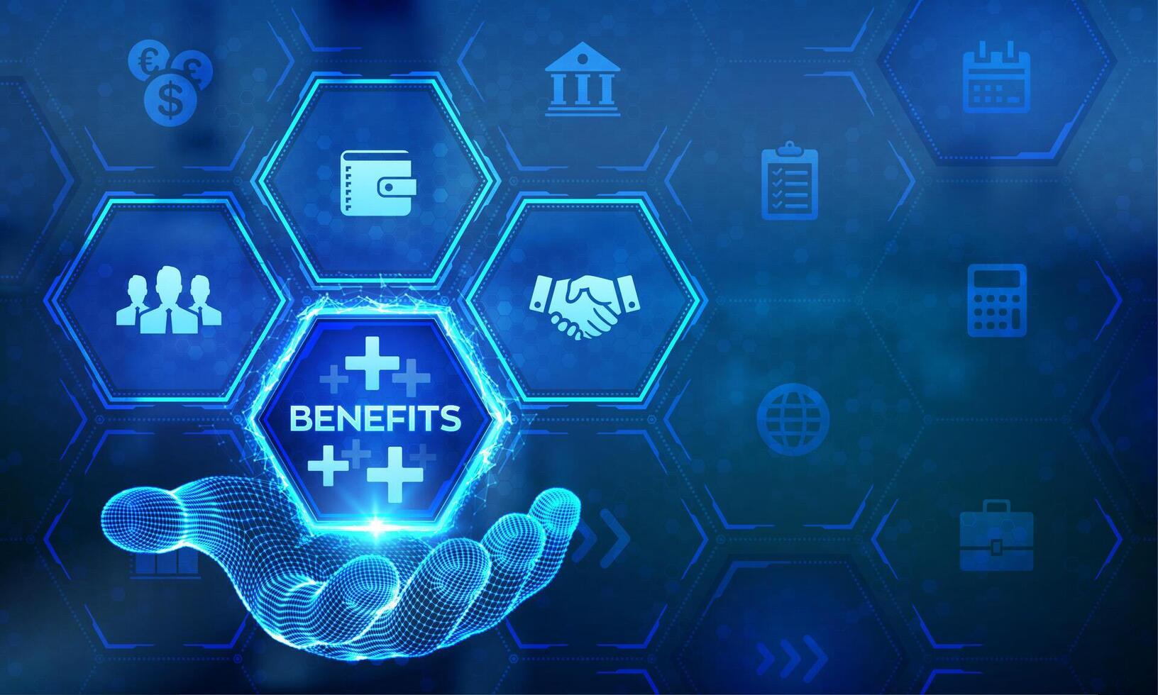 Employee benefits help to get the best human resources concept on virtual screen. Business for Profit, Benefit, health insurance. Benefit icon in wireframe hand. illustration. vector
