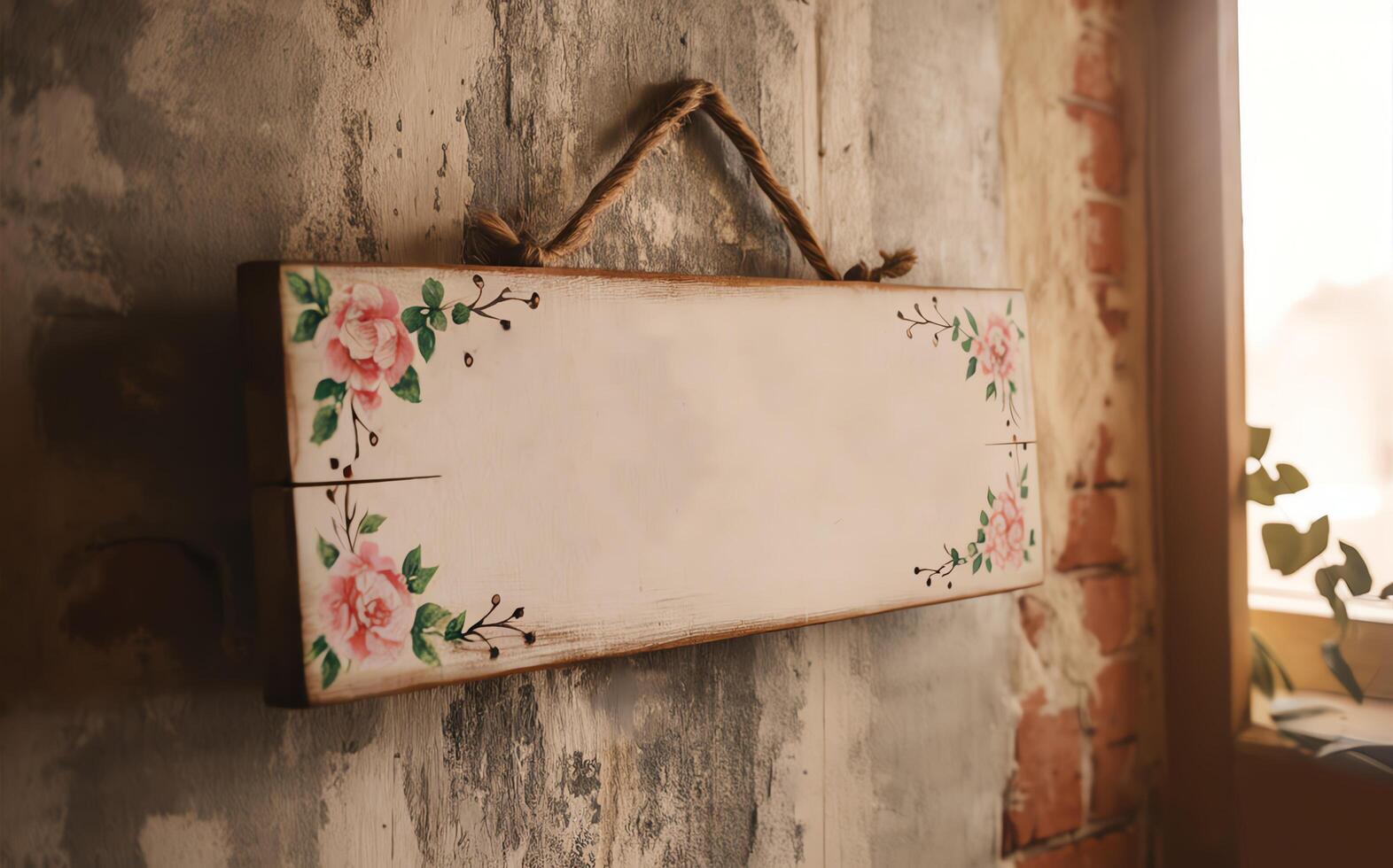Hand-painted wooden sign with floral design, rustic interior decor, charming ambiance. photo
