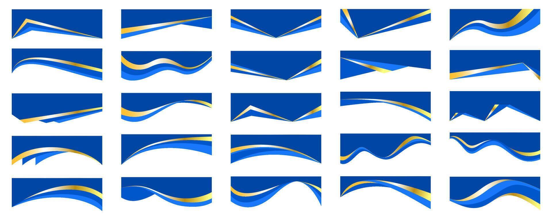 Abstract border shapes for banner design. Header with golden line sections on white background. Website page templates. Top separator modern elements. Simple blue wavy horizontal menu for site. vector