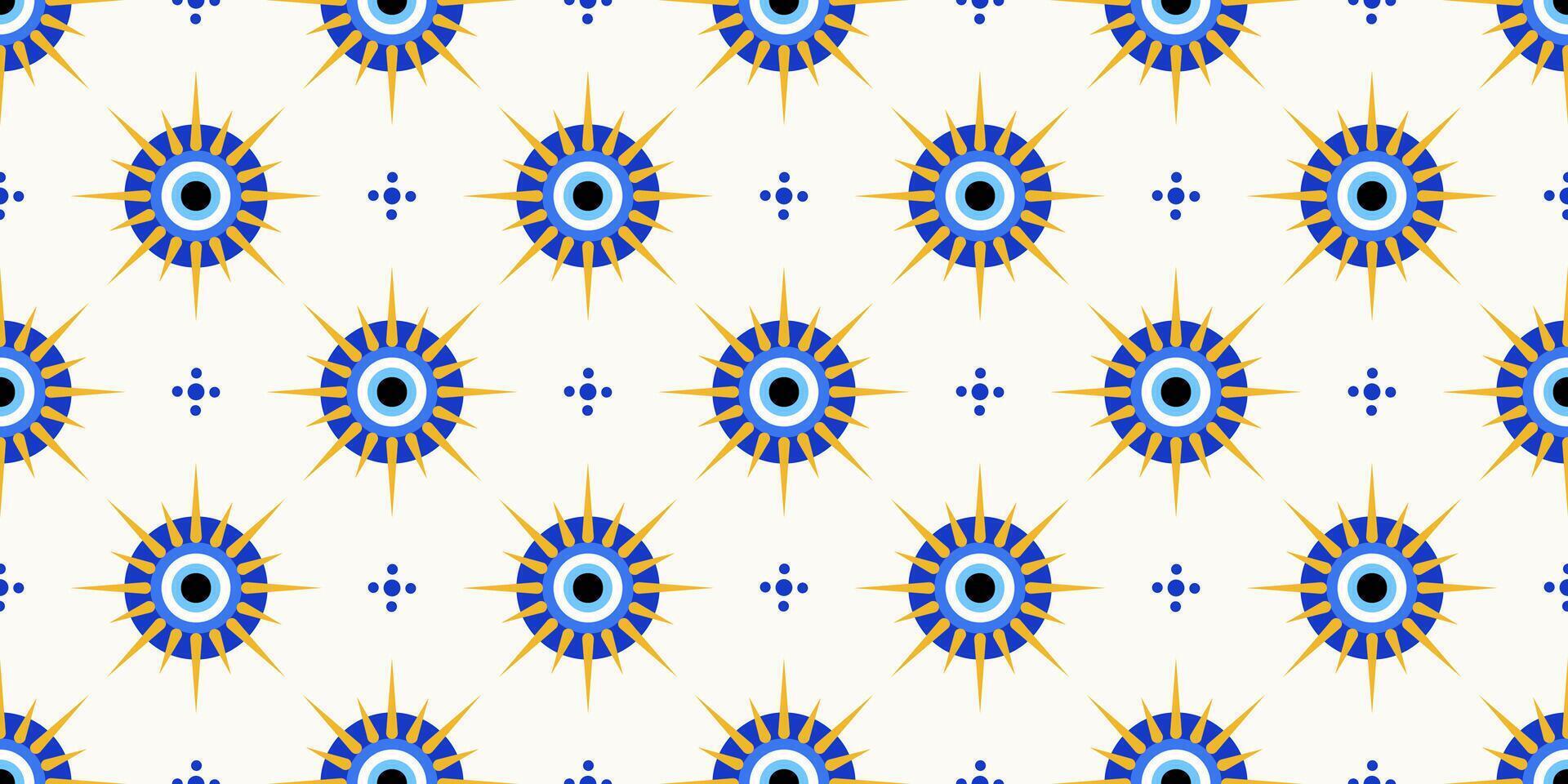 Evil eye greek pattern. Seamless Turkish background with blue beads. Magic nazar - abstract symbol of protection and luck. Illustration with mystic talisman and astrology ornament vector