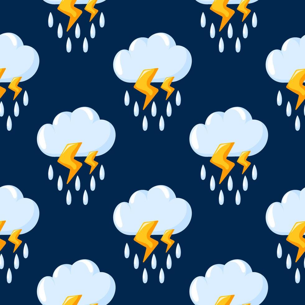 Stormy weather seamless pattern with rain cloud, lightning bolt and dark background in cartoon style. Design for nursery, forecasts, wallpaper and children print. vector