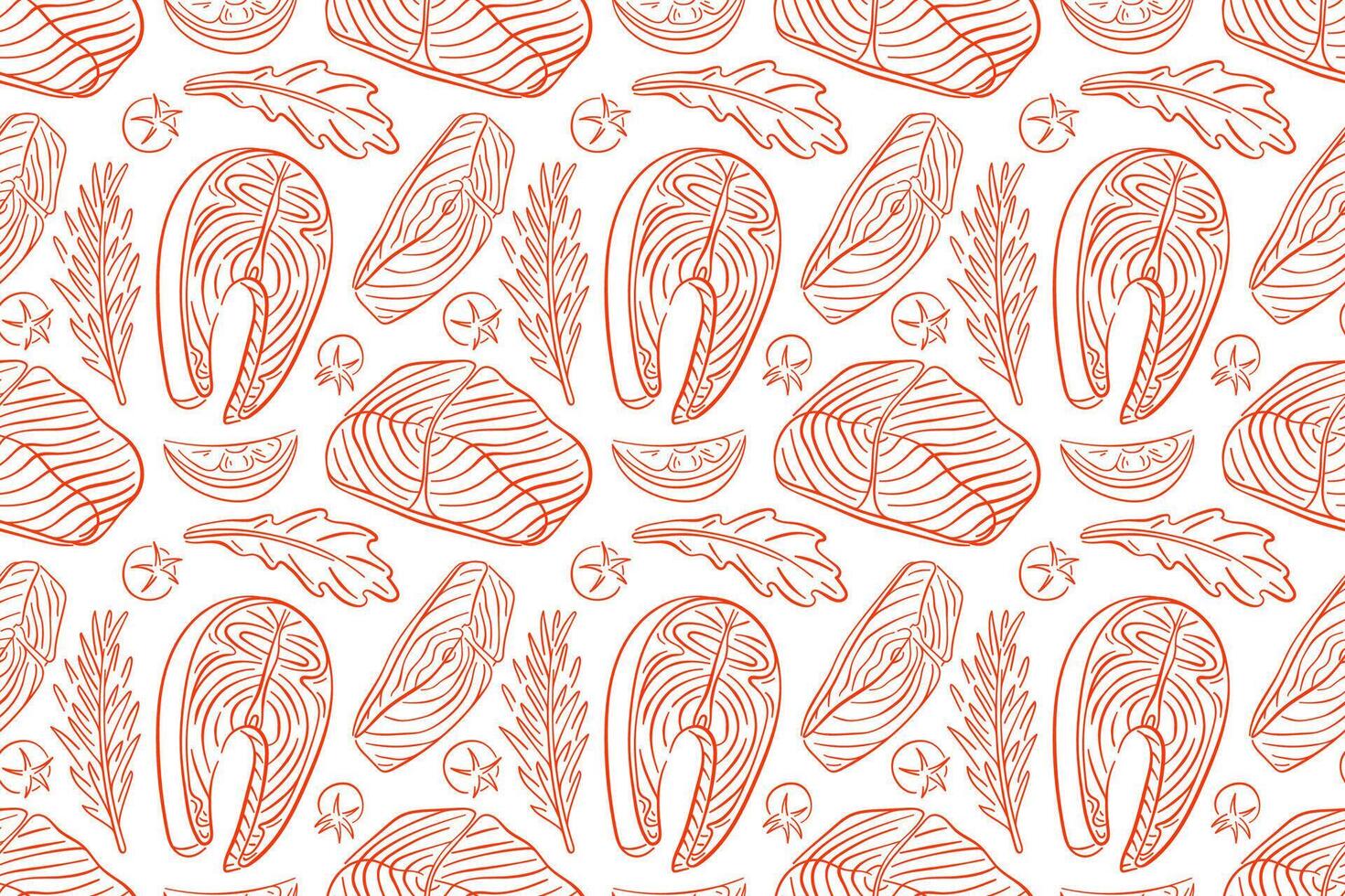 Seamless pattern with Salmon steak and ingredients in line art style on a white background. Tomato, slices of lemon, rosemary, arugula. Red fish design for menu, wallpaper, textile, wrapping. vector