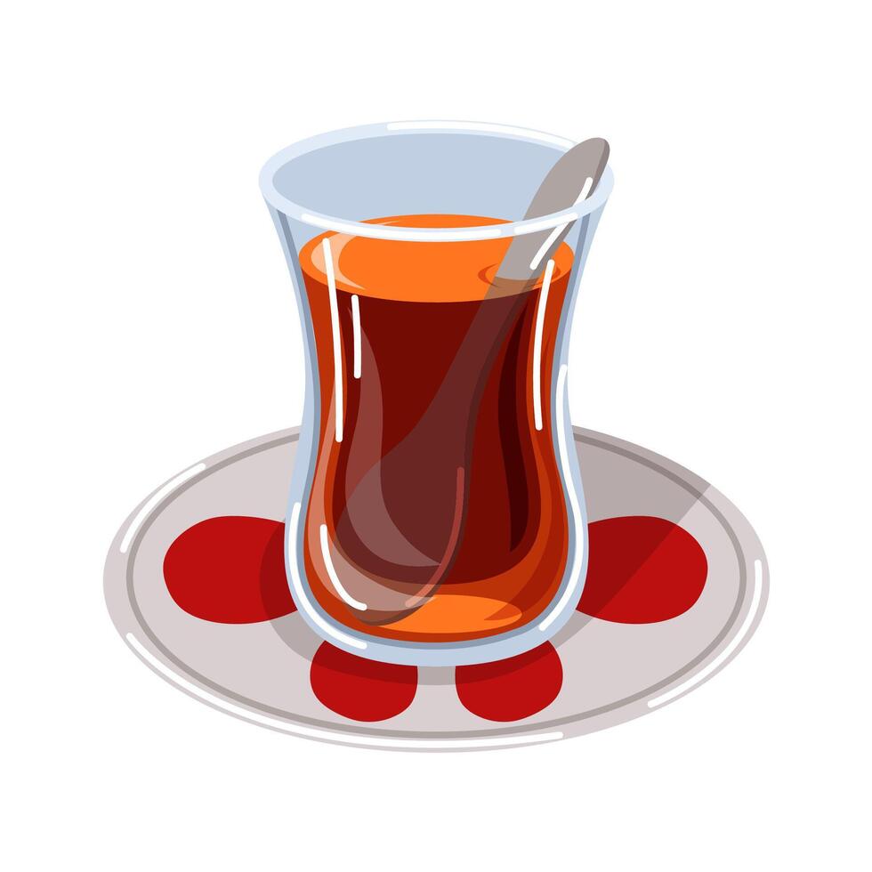 Traditional Turkish tea in a tulip shaped glass with spoon on saucer with red patterns. Ideal for culinary and cultural illustrations, restaurant breakfast menu. isolated on white background. vector