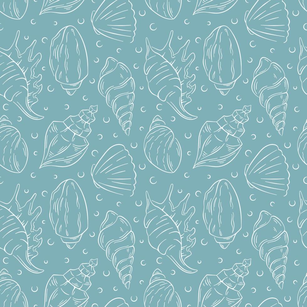 Seamless pattern of line art seashells on blue background. Elegant marine themed hand drawn design perfect for textile, wallpaper, packaging and beach inspired project. vector