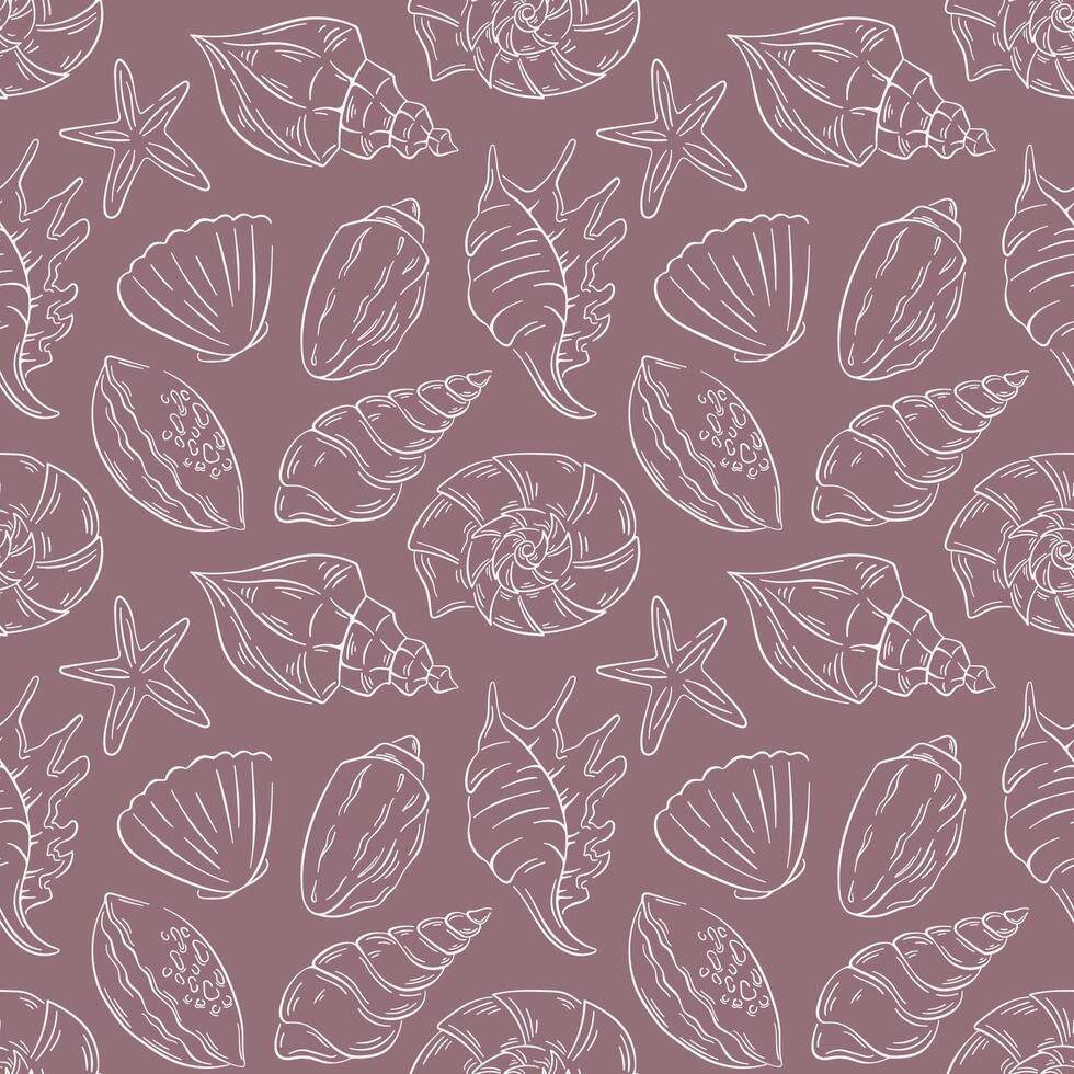 Seamless pattern with line art style seashell on brown background. Perfect for greeting, invitation, manufacture wrapping paper, textile and web design. vector